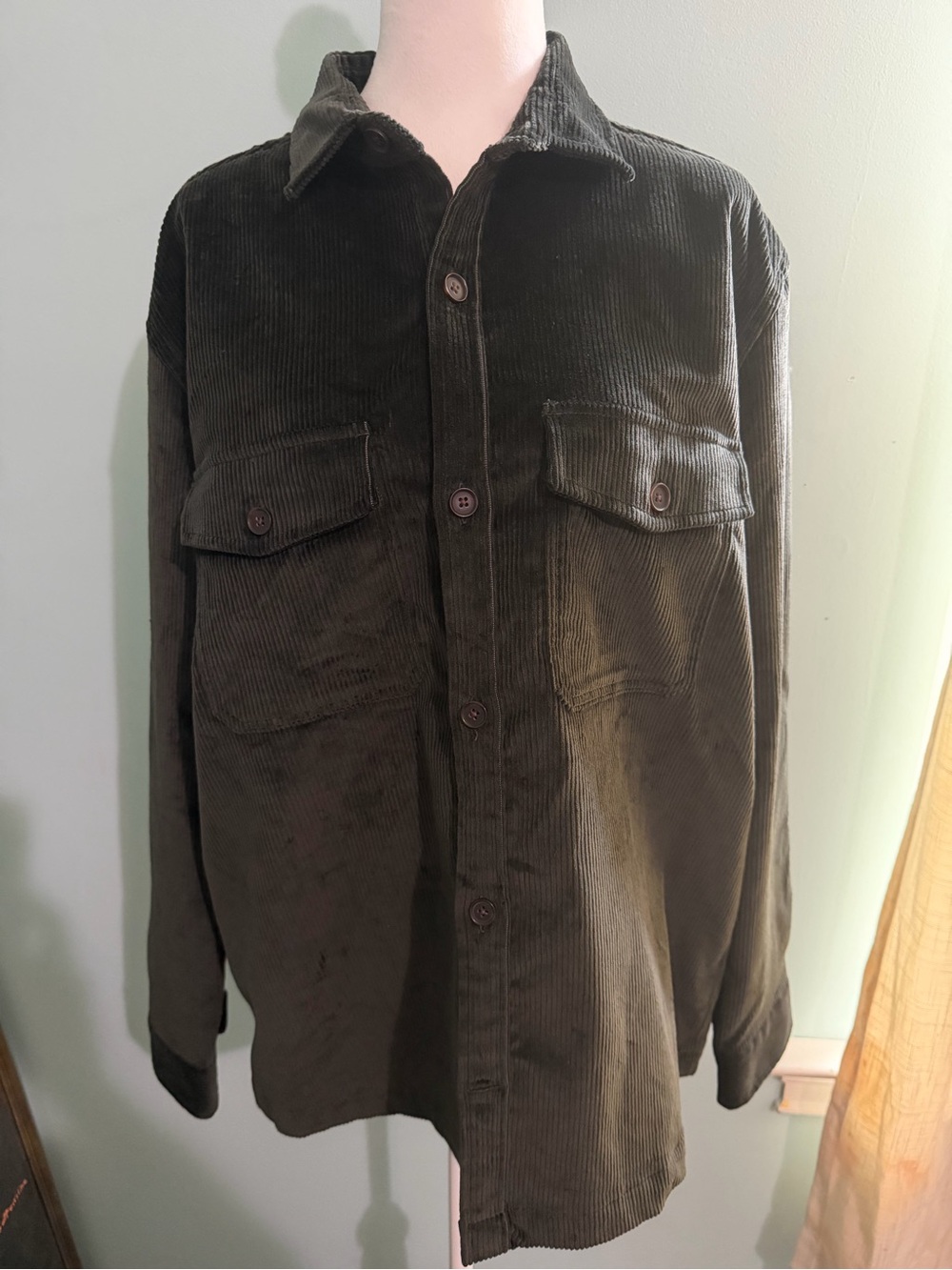Express grey Corduroy Button-Up Shirt Jacket Sz L Long Sleeve Pockets